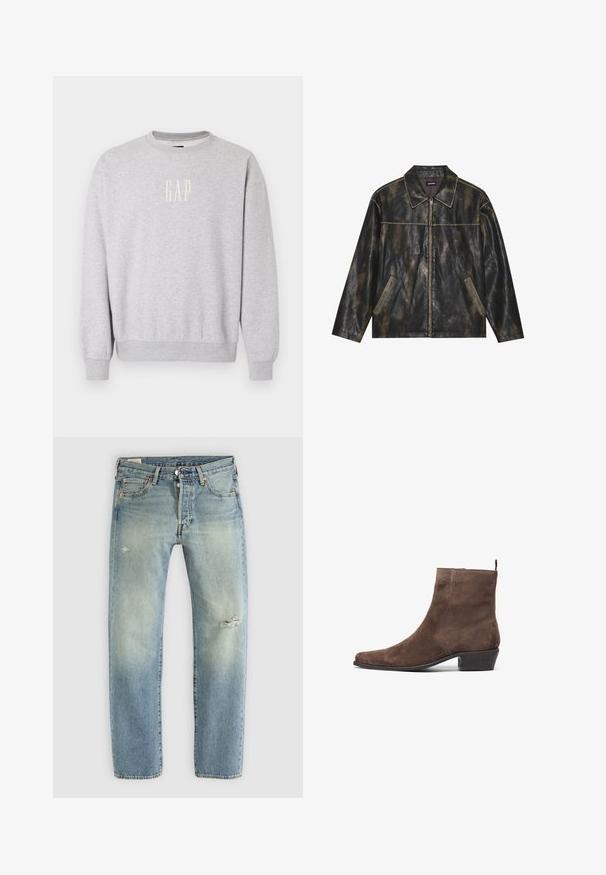 Chaqueta de cuero negra y dorado mate con una textura suave, cuello puntiagudo, cierre de cremallera y dos bolsillos laterales en ángulo.; Sudadera de algodón gris con cuello redondo y puños de canalé. Presenta el logo "GAP" en un color más claro en el frente, diseño simple.; Jeans de mezclilla azul claro con pierna recta, cinco bolsillos, cierre de botón y pequeños desgarros en el muslo izquierdo y la rodilla derecha.; Botín de ante marrón con punta afilada, tacón bajo y un bucle en la parte trasera para facilitar el calzado. Textura suave y diseño simple.