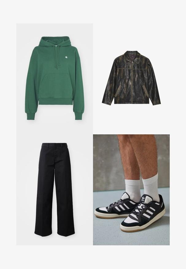 Črna in temno zlatorjava usnjena jakna z gladko teksturo, z oblikovanim ovratnikom, zadrgo in dvema poševnima stranskima žepoma.; Carhartt WIP HOODED CASEY - Pulover s kapuco - sycamore tree/silver; Črne široke hlače iz mehkega bombažnega blaga. Imajo klasičen pas, stranske žepe in raven kroj do roba.; Črno-bele superge z zgornjim delom iz usnja in nubuka, ki imajo tri bele črte, perforiran vrh prstov in podplat iz gume.