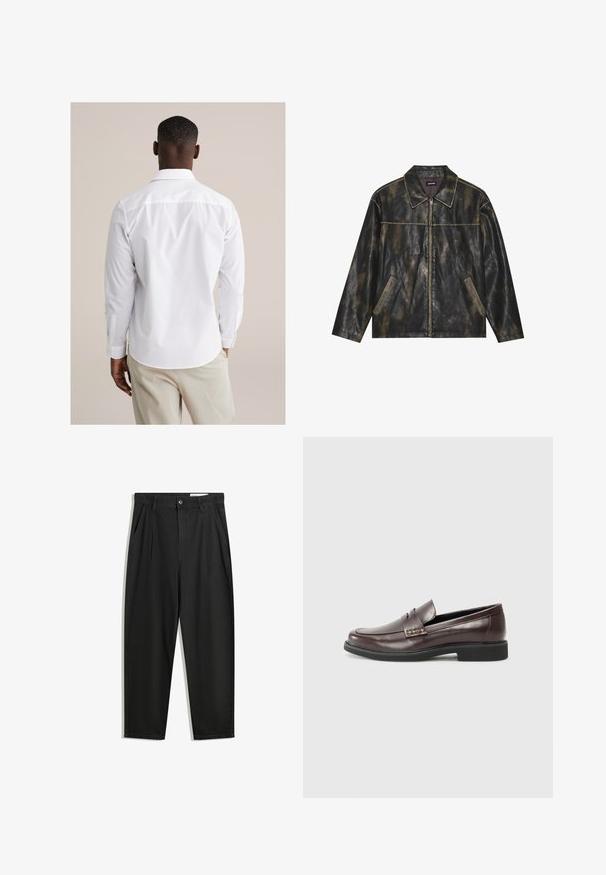 Jachetă din piele neagră și aurie mată, cu o textură netedă, guler ascuțit, închidere cu fermoar și două buzunare laterale înclinate.; Cămașă albă cu nasturi, mâneci lungi, din țesătură netedă. Are guler clasic, tiv curbat și manșete cu un singur nasture.; Pantaloni negri din bumbac cu croială lejeră, având un brâu clasic, plii frontale și buzunare laterale. Textură netedă fără modele.; Loafers din piele maro cu un finisaj neted, având un detaliu cusut discret pe partea superioară și o talpă din cauciuc negru.