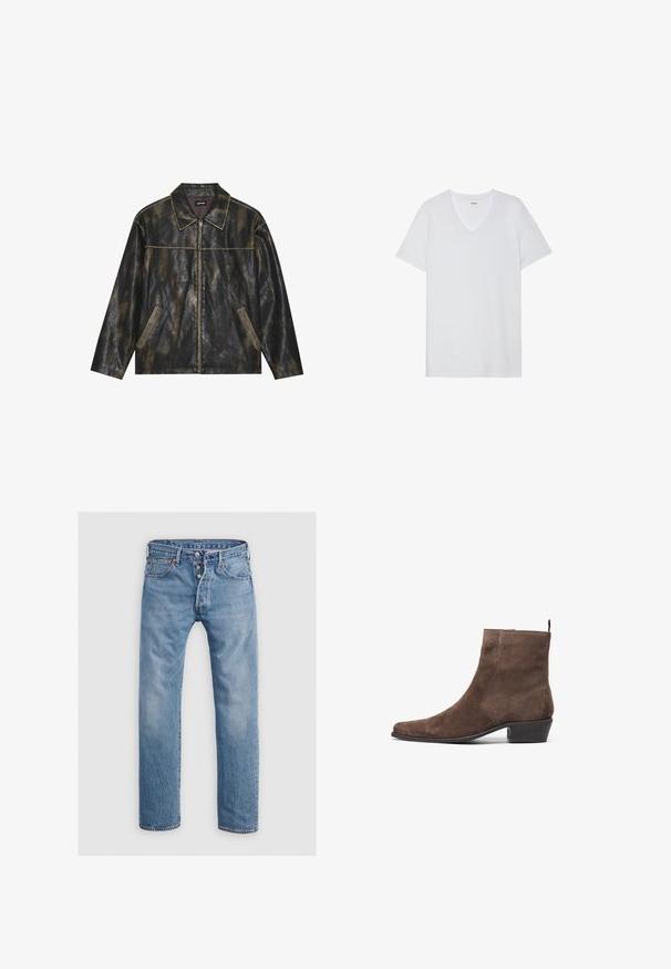 Czarna i przytłumiona złota skórzana kurtka o gładkiej fakturze, z ostrym kołnierzem, zapięciem na zamek i dwiema skośnie umieszczonymi kieszeniami bocznymi.; Biała koszulka z krótkim rękawem o dekolcie w serek, gładka tekstura, lekki materiał i dyskretne logo blisko kołnierza.; Jasnobłękitne dżinsy o prostym kroju nogawek, pięć kieszeni i zapięcie na guziki. Zawierają subtelne przetarcia i akcenty szwów.; Brązowy zamszowy botek sięgający kostki z wysmuklonym noskiem, niskim blokowym obcasem i pętelką z tyłu, ułatwiającą zakładanie. Gładka tekstura i prosty design.