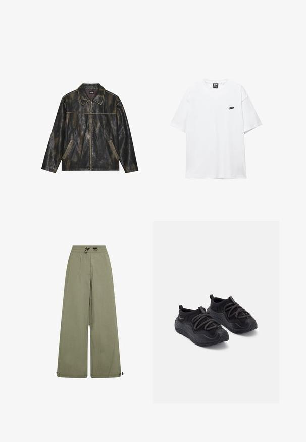 Svart och dämpad guldtäck läderjacka med en mjuk textur, spetsig krage, dragkedjestängning och två snedställda sidofickor.; Vit bomulls t-shirt med korta ärmar, rund hals och en liten svart logotyp på bröstet. Slät textur och avslappnad passform.; Ljus olivgröna vida byxor gjorda av mjukt tyg, med elastiskt midjeband och dragsko samt justerbara ankelsnaror.; Svarta sportskor med en texturerad gummisula, vadderad tygöverdela, elastiska snören och dragflikar vid hälen för enkel påtagning.