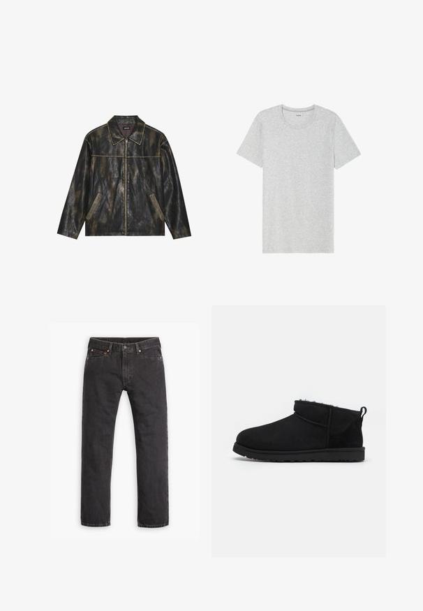 Černá a matně zlatá kožená bunda s hladkým povrchem, špičatým límcem, zipovým uzávěrem a dvěma šikmými bočními kapsami.; Šedé tričko s krátkým rukávem vyrobené z jemné, lehké látky. Rovný lem, klasický design s kulatým výstřihem a jemná melírovaná textura.; Černé džíny s rovnými nohavicemi, pěti kapsami, zapínáním na knoflík a měděnými nýty, rozložené na bílém pozadí.; Černé semišové kotníkové boty s měkkou strukturovanou podšívkou, nízkoprofilovou gumovou podešví a poutkem na zadní části pro snadné obutí.