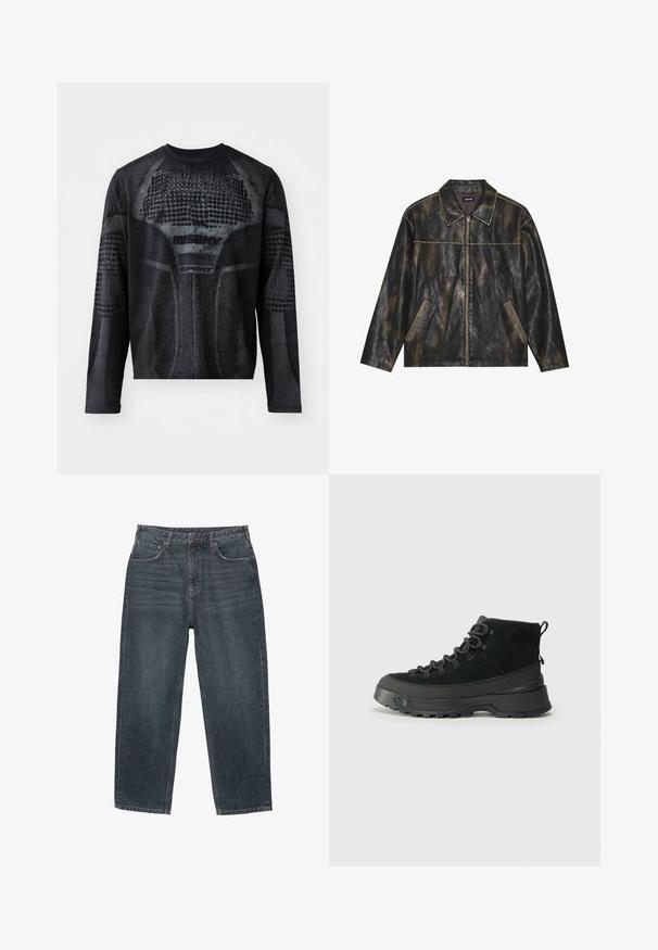 Čierna a tlmená zlatá kožená bunda s hladkou textúrou, so špicatým golierom, zipsovým uzáverom a dvoma šikmými bočnými vreckami.; Čierna atletická tričko s dlhým rukávom, ktoré má textúrovanú grafiku v tmavo šedej farbe a na prednej strane je značka "MISHV" a "SPORT".; Tmavomodré džínsové nohavice so strihom rovného nohu, piatimi vreckami, pútkami na opasok a výrazným blednutím materiálu. Šité detaily na leme.; Čierne turistické topánky so zvrškom z semišu, pevnou gumovou podrážkou a vystuženými očkami na šnúrky. Obsahujú pútko na zadnej strane pre jednoduché obúvanie.