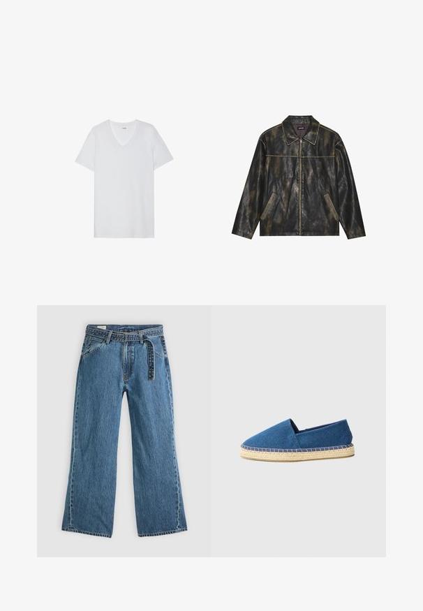 Czarna i przytłumiona złota skórzana kurtka o gładkiej fakturze, z ostrym kołnierzem, zapięciem na zamek i dwiema skośnie umieszczonymi kieszeniami bocznymi.; Biała koszulka z krótkim rękawem o dekolcie w serek, gładka tekstura, lekki materiał i dyskretne logo blisko kołnierza.; Niebieskie dżinsowe spodnie szerokie z dołączonym paskiem, kieszeniami z przodu i widocznym przeszyciem na jednolitym jasnym tle.; Niebieskie płócienne espadryle z zamkniętym czubkiem, jucianą podeszwą i szytym wykończeniem. Gładka tekstura materiału i niski profil.
