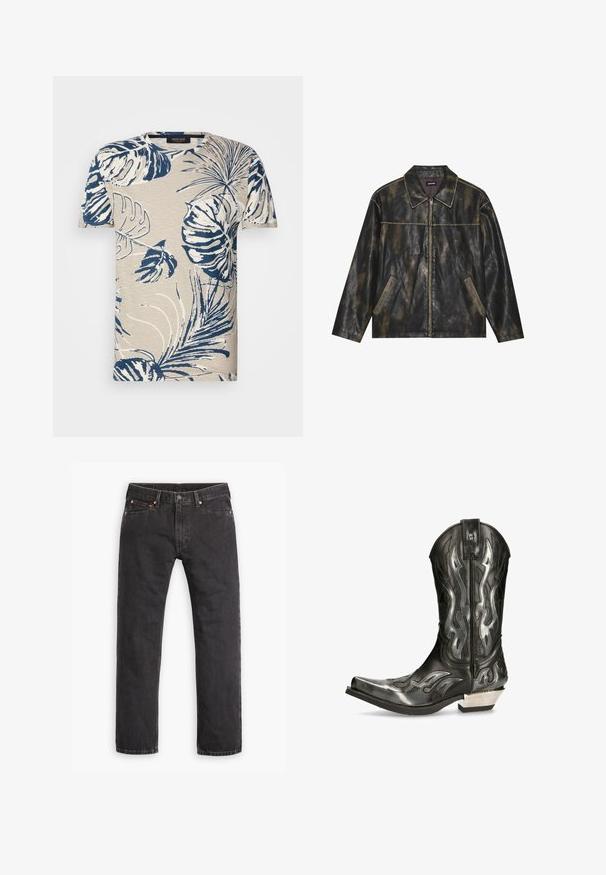 Black and muted gold leather jacket with a smooth texture, pointed collar, zip closure, and two angled side pockets.; Short-sleeve T-shirt in beige with a navy blue tropical leaf pattern, featuring a crew neckline and a textured fabric appearance.; Black straight-leg denim jeans with five pockets, button closure, and copper rivets laid flat on a white background.; Black leather cowboy boot with silver flame patterns, pointed toe, and a low silver heel. Features stitching details and a pull tab.