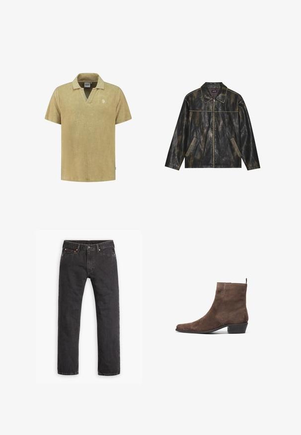 Melnas un pelēkas zeltainas ādas virsjaka ar gludu tekstūru, ar asu apkakli, ar rāvējslēdzēju un divām nogāzētām sānu kabatām.; Īsām piedurknēm polo krekls mīkstā bežā terry audumā ar V veida kaklu un nelielu izšuvumu uz krūtīm. Gluda tekstūra un brīva piegriezuma dizains.; Melnas taisnu kāju džinsu bikses ar pieciem kabatām, pogu aizdari un vara kniedēm, izklātas plakani uz balta fona.; Brūns zamšādas potītes zābaks ar vērstām pirkstgalēm, zemu bloku papēdi un cilpu aizmugurē ērtai uzvilkšanai. Gluda tekstūra un vienkāršs dizains.