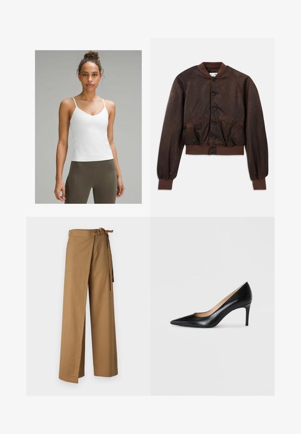 Brūns bombers jaka ar spīdīgu tekstūru, raglanu piedurknēm, ribota apkakle un apakšdaļa, kā arī melni pogu aizdari gar priekšpusi.; Balta linu blūze ar plānām siksniņām, V veida dekoltē, gluda tekstūra, pieguļošs siluets, saskaņota ar augsto jostasvietu olīvzaļiem legingiem.; Gaiši brūnas platās bikses, izgatavotas no teksturēta auduma. Tām ir kaklasaite viduklī un sānu šķelumi, lai pievienotu papildu detaļas.; Melnas ādas augstpapēžu kurpes ar smailu purngalu, elegantām līnijām un gludu virsmu. Ievērojamas ar plānu papēdi un zemu griezumu sānos.