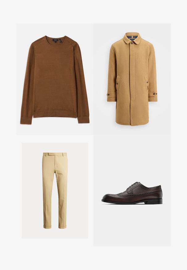 Cappotto in misto lana color beige con colletto, frontale con bottoni, due tasche laterali e polsini regolabili. Presenta un tessuto texturizzato e un design minimale.; Maglione marrone lavorato a maglia con collo a giro, maniche lunghe raglan e motivo testurizzato. Presenta polsini e fondo a coste per un aspetto aderente.; Chino kaki realizzati in morbido cotone, con un design aderente, pinces frontali e orli alla caviglia per un look affusolato.; Scarpa da uomo in pelle marrone con dettagli brogue, chiusura con lacci, punta arrotondata e suola piatta. Presenta superfici lisce e testurizzate.