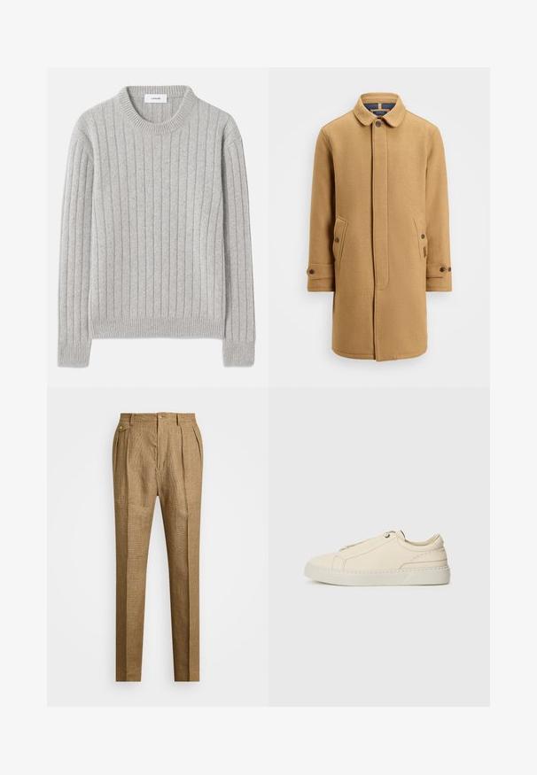 Barna gyapjú keverék kabát, gallérral, gombos elülső résszel, két oldalsó zsebbel és állítható mandzsettákkal. Texturált anyaggal és minimalista dizájnnal rendelkezik.; Szürke bordázott pulóver, lekerekített nyakkal, puha anyagból készült, függőleges varrásmintákkal, bordázott mandzsettákkal és aljjal.; Barna kockás nadrág, struktúrált szabással, pliszírozott elülső résszel, két oldalsó zsebbel és gombos záródással. Simára kezelt textúra, egyedi szabás.; Beige bőr sneaker, lekerekített orral, minimalista dizájnal, finom varrási részletekkel és texturált felsőrésszel, világos talpon.