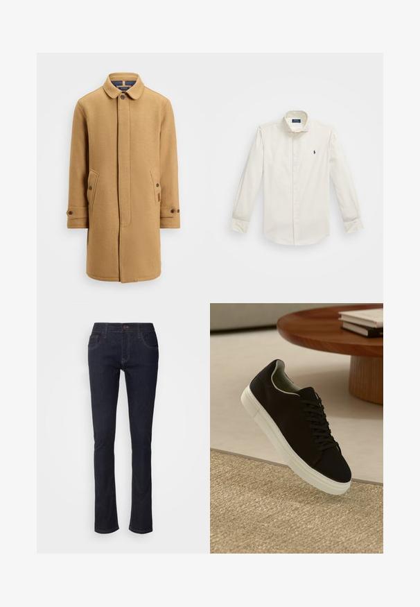 Casaco de mistura de lã bege com gola, frente de botão, dois bolsos laterais e punhos ajustáveis. Apresenta um tecido texturizado e um design minimalista.; Camisa branca de manga longa feita de algodão, com colarinho tipo abotoado, um único bolso no peito e um pequeno logotipo azul-marinho no lado esquerdo.; Jeans de ganga azul escuro com perna reta, apresentando bolsos frontais, fecho de botão e detalhes de costura discretos. Design clássico.; Sneaker preto com sola branca flutuando acima de um tapete texturizado bege, perto de uma mesa redonda de madeira com livros empilhados.