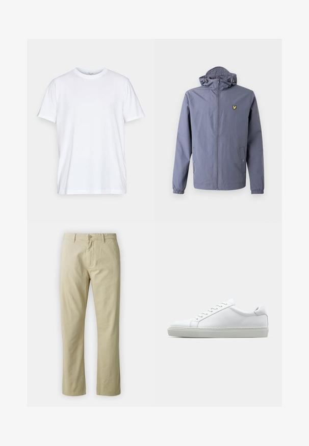Lightweight jacket in gray fabric, featuring a zip front, adjustable hood, elastic cuffs, and a small yellow logo on the chest.; White cotton t-shirt with short sleeves, round crew neckline, and a relaxed fit. Features minimalistic design, no patterns or accents.; Beige cotton trousers with a straight-leg design, front button closure, and belt loops. Smooth texture, no visible patterns or accents.; White sneaker with a smooth leather upper and a low profile. Features a rounded toe, six eyelets, and a textured rubber sole.