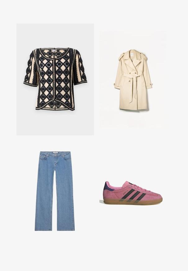 Manteau trench beige en tissu léger ; design croisé avec de gros boutons, taille ceinturée et épaulettes.; Cardigan à manches courtes noir et crème à motif, avec un design en dentelle géométrique, fermeture à boutons et détails de finition décoratifs.; T-shirt blanc à manches courtes en coton. Doté d'un col ras du cou et d'une coupe décontractée. Texture lisse sans motifs ni accents visibles.; Jean large bleu clair en denim, avec un design à cinq poches, une fermeture à bouton et des coutures brodées le long des coutures et des ourlets.; Baskets en suède rose avec des rayures noires, semelle en gomme et talon en velours violet texturé. Présente un design à lacets et un logo embossé sur le côté.