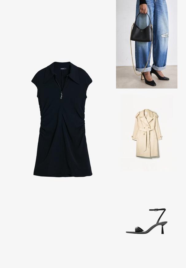 Beige trench coat made of lightweight fabric; double-breasted design with large buttons, belted waist, and shoulder epaulets.; Black dress with a classic collar, short sleeves, and a zip front. Features gathered detailing on the sides for a fitted silhouette.; Bershka High heeled sandals - black; Black leather handbag with a curved shape, short handle, and gold chain strap. Worn with distressed blue denim and black high heels.
