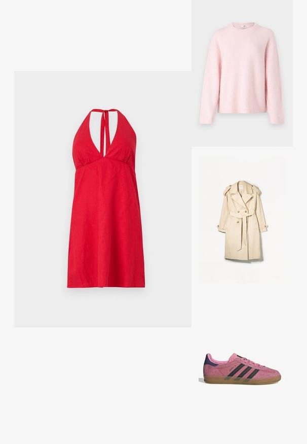 Beige színű trench coat, könnyű anyagból készült; dupla gombolású kialakítás nagy gombokkal, deréknál övvel és vállpárnákkal.; Gina Tricot CREW NECK - Pulóver - primrose pink; Piros nyakpántos ruha mély dekoltázzsal, állítható pántokkal és könnyű anyaggal. Egyszerű, térd alá érő fazon, sima textúrával.; Rózsaszín velúr sportcipő fekete csíkkal, gumi talppal és texturált lila sarokkal. Fűzős kialakítással és a márka dombornyomott logójával az oldalon.