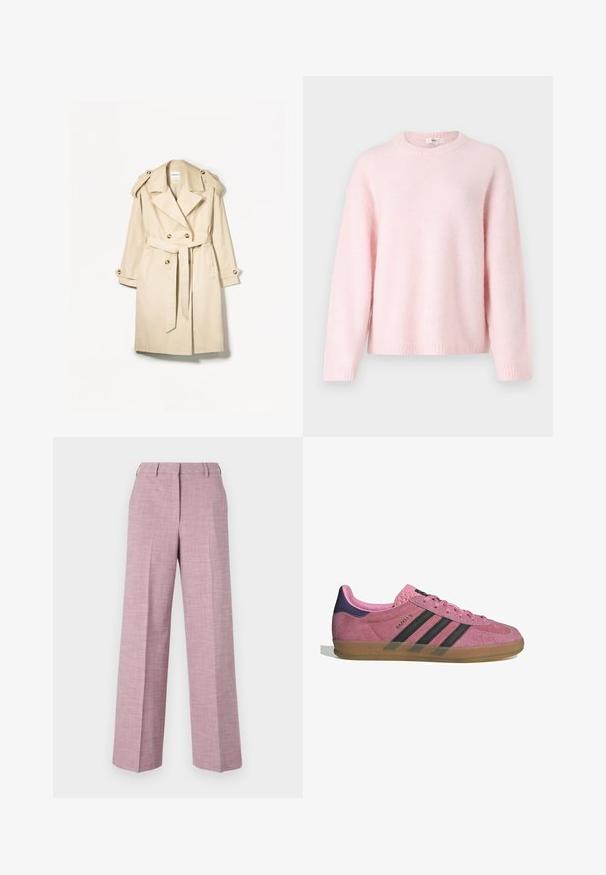 Beige trenchcoat lavet af letvægtsstof; dobbeltbrystet design med store knapper, belagt talje og skulderepauleter.; Gina Tricot CREW NECK - Striktrøje - primrose pink; Hvid kortærmet t-shirt lavet af bomuld. Har en rund halsudskæring og en afslappet pasform. Glat tekstur uden synlige mønstre eller detaljer.; Vide benbukser i en tekstureret lys rosa stof med flad front, subtile plisseringer og et klassisk taljedesign.; Lyserøde ruskinds sneakers med sorte striber, gummisål og struktureret lilla hæl. Har snøredesign og præget branding på siden.