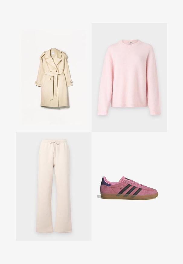 Bež baloner izrađen od lagane tkanine; dvostruko kopčanje s velikim dugmadi, pojasom u struku i epauletima na ramenima.; Gina Tricot CREW NECK - Vesta - primrose pink; Bijela majica kratkih rukava od pamuka. Ima okrugli izrez i opušteni kroj. Glatka tekstura bez vidljivih uzoraka ili naglasaka.; Gina Tricot BASIC STRAIGHT - Donji dijelovi trenirke - rainy day; Roze nubuk tenisice s crnim prugama, gumeni potplat i teksturirani ljubičasti petni dio. Imaju vezivanje i utisnuti brend na strani.
