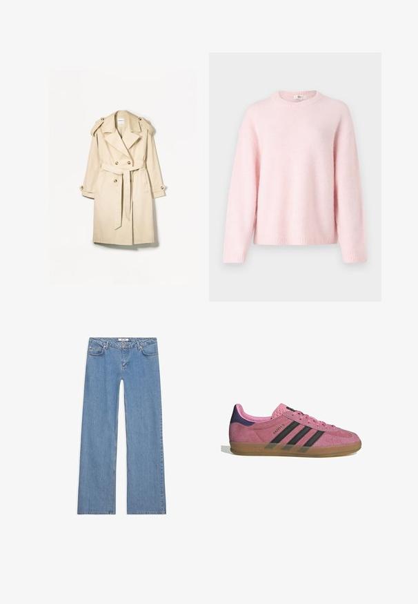 Beige trenchcoat i lättviktsmaterial; dubbelknäppt design med stora knappar, bälte i midjan och axelklaffar.; Gina Tricot CREW NECK - Stickad tröja - primrose pink; Vit t-shirt med kort ärm i bomull. Har en rundad halsringning och en avslappnad passform. Slät textur utan synliga mönster eller detaljer.; Ljust blåa vida jeans i denim, med femfickorsdesign, knappstängning och sömdekoration längs sömmarna och fållen.; Rosa mockasnöre med svarta ränder, gummsula och texturerad lila häl. Har en snörningsdesign och prägling på sidan.