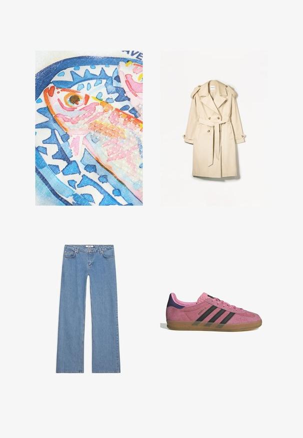 Beige trench coat valmistettu kevyestä kankaasta; kaksirivinen malli, jossa on isot napit, vyötäröhihna ja olkaimen suojukset.; Gina Tricot CREW NECK - Neule - primrose pink; Next HEAVYWEIGHT SHORT SLEEVE CREW NECK - Printtipaita - ecru white coastal scene beaded graphic; Vaaleansiniset väljät farkut, jotka on valmistettu denimistä. Niissä on viisi taskua, nappisulku sekä ommeltu yksityiskohtia saumoissa ja helmassa.; Vaaleanpunaiset mokkanahkakengät mustilla raidoilla, kumipohjalla ja teksturoidulla purppurakorkealla. Varustettu nauhakiinnityksellä ja kohokuvioidulla brändäyksellä sivussa.