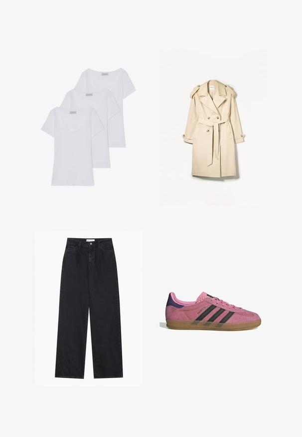 Beige trench coat made of lightweight fabric; double-breasted design with large buttons, belted waist, and shoulder epaulets.; Gina Tricot CREW NECK - Jumper - primrose pink; Three white cotton t-shirts with short sleeves and a scoop neckline, featuring a smooth texture and consistent design.; Black high-waist wide-leg denim jeans with front button and zip closure, belt loops, and five-pocket styling.; Pink suede sneaker with black stripes, gum sole, and textured purple heel. Features a lace-up design and embossed branding on the side.