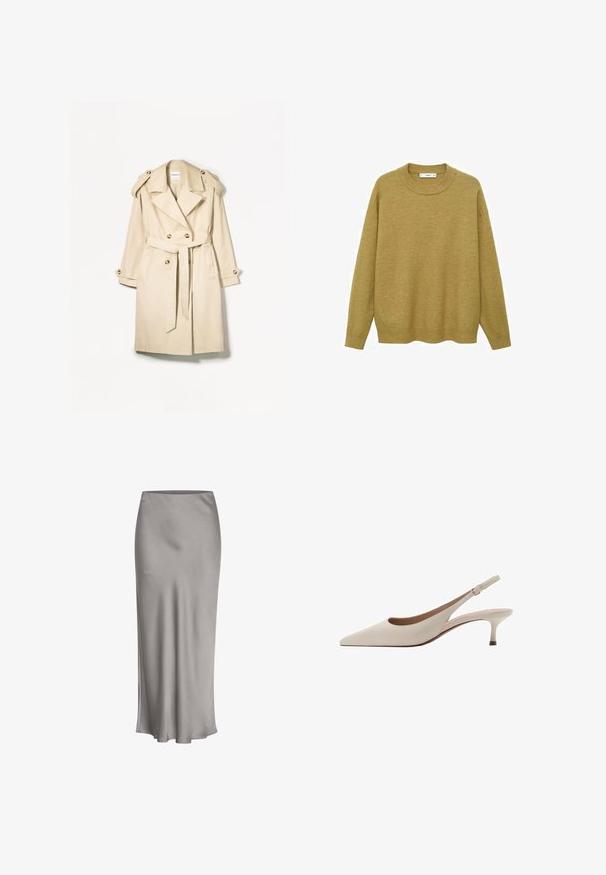 Beige trench coat made of lightweight fabric; double-breasted design with large buttons, belted waist, and shoulder epaulets.; Sweater in mustard yellow, made of soft fabric. Features a ribbed round neckline and long sleeves with a regular fit and a straight hem.; Gray satin midi skirt with a smooth texture, a slight sheen, and a flared hem, featuring a simple, clean design throughout.; Beige slingback heels with a pointed toe and a low, flared heel. Made from smooth leather with a minimalistic design and adjustable strap.