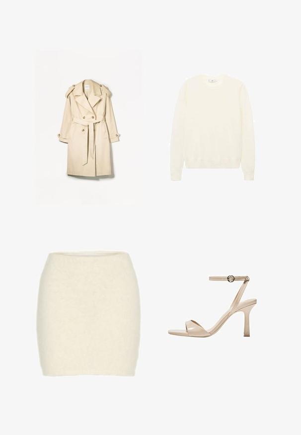 Bež plašč iz lahkega blaga; dvoredni kroj z velikimi gumbi, pas s pasom in ramenskimi epauleti.; Kremna pulover s klasičnim okroglim izrezom, rebrastimi manšetami in robom ter mehkimi teksturami. Lahka tkanina z gladkim zaključkom.; Bela volnena mini krila, mehak in puhast tekstura, prilegajoča zasnova, visok pas, brez vidnih vzorcev ali dekoracij.; Nude lakirane sandale na visokih peta s tankim remenom oko gležnja i okruglo kopčanje, dizajn otvorenog prsta i vitka stiletto peta.