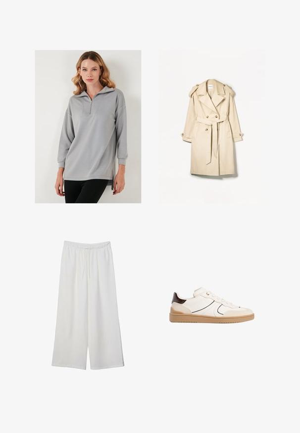 Bež baloner izrađen od lagane tkanine; dvostruko kopčanje s velikim dugmadi, pojasom u struku i epauletima na ramenima.; Svijetlosiva dukserica s polu-zip zatvaračem, dugim rukavima i bočnim prorezima. Glatka tekstura i ležeran kroj.; Bijele hlače širokog kroja izrađene od lagane tkanine, s elastičnim pojasom i vezicom za prilagodljivu veličinu. Glatka tekstura.; Stradivarius Tenisice - white