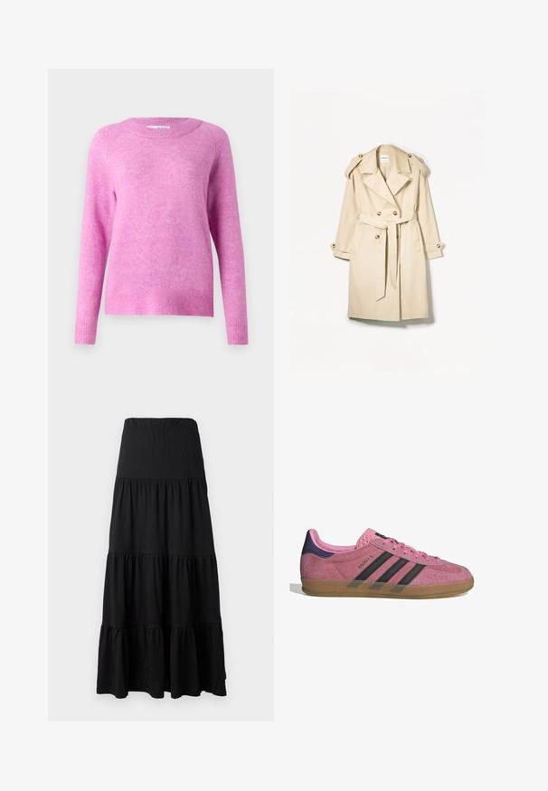 Palton bej dintr-un material ușor; design cu dublu rând de nasturi, cu nasturi mari, talie cu curea și epauleți pe umeri.; Pulover roz cu mâneci lungi, decolteu rotund și mansete cu nervuri. Textură moale cu un aspect ușor pufoș și croială lejeră.; Fustă maxi neagră dintr-un material moale, cu un design stratificat, dotată cu o talie elastică și detalii cu volane la tiv.; Tenisi roz din suede cu dungi negre, talpă din cauciuc și toc texturat violet. Prezintă un design cu șireturi și un logo embosat pe lateral.