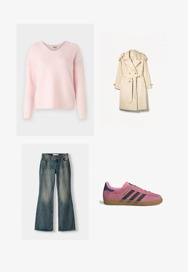 Beige trench coat valmistettu kevyestä kankaasta; kaksirivinen malli, jossa on isot napit, vyötäröhihna ja olkaimen suojukset.; Vaaleanpunainen V-pääntie villapaita ribattua rakennetta ja pitkät hihat. Pehmeä materiaali rentoa siluettia, jossa on minimaalinen brändäys etiketissä.; Siniset leveälahkeiset farkut, joissa on haalistunut pesu, viisi taskua ja nappikiinnitys. Materiaalissa on farkkukangas, jossa on hienovaraisia ompeluyksityiskohtia.; Vaaleanpunaiset mokkanahkakengät mustilla raidoilla, kumipohjalla ja teksturoidulla purppurakorkealla. Varustettu nauhakiinnityksellä ja kohokuvioidulla brändäyksellä sivussa.