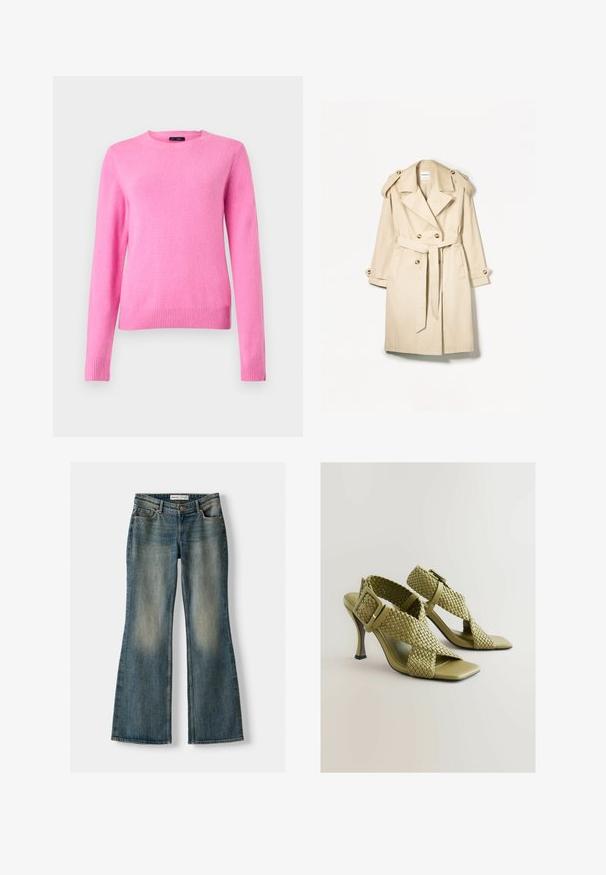 Beżowy płaszcz typu trencz wykonany z lekkiego materiału; podwójnie zapięty fason z dużymi guzikami, talią z paskiem i epoletami na ramionach.; Różowy wełniany sweter z długimi rękawami, okrągłym dekoltem i ściągaczami na mankietach. Gładka faktura, jednolity kolor i prosty fason.; Niebieskie dżinsy w fasonie dzwonów z wyblakłym wykończeniem, pięcioma kieszeniami i zapięciem na guzik. Materiał ma fakturę dżinsu z subtelnymi detalami szycia.; Zielone plecione sandały na obcasie z regulowanym zapięciem, kwadratowym otwartym noskiem i gładką podeszwą. Charakteryzują się eleganckim, smukłym obcasem oraz teksturowanymi paseczkami.