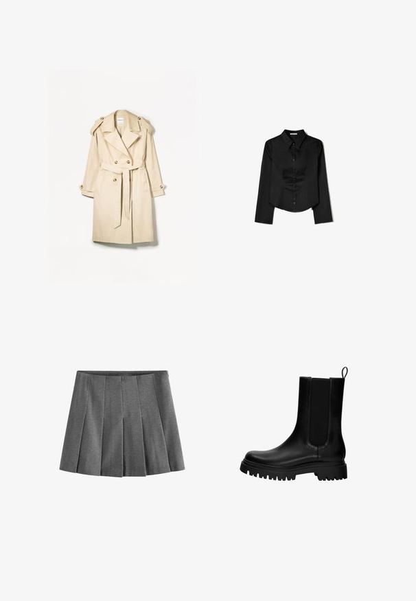 Beżowy płaszcz typu trencz wykonany z lekkiego materiału; podwójnie zapięty fason z dużymi guzikami, talią z paskiem i epoletami na ramionach.; Czarna longsleeve z gładkiego materiału, z wyraźnym kołnierzykiem, z przodem zapinanym na guziki oraz skróconym dołem z bocznymi rozcięciami.; Szara plisowana spódnica wykonana z miękkiego materiału, z równomiernie rozmieszczonymi plisami i paskiem w talii dla dopasowanego wyglądu.; Czarne skórzane botki na kostkę z elastycznymi panelami bocznymi, uchwytem i grubą, wytrzymałą podeszwą. Gładka tekstura z nowoczesnym designem.