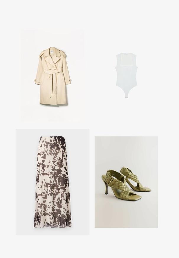 Beige trenchcoat lavet af letvægtsstof; dobbeltbrystet design med store knapper, belagt talje og skulderepauleter.; Hvid bodysuit med firkantet udskæring, uden ærmer, glat tekstur og trykknaplukning forneden. Enkel og minimalistisk stil.; Maxi-nederdel lavet af letvægts, gennemsigtigt stof med en beige bund, der har mørkebrune abstrakte pletter og en lige silhuet.; Grønne, vævede hæle-sandaler med justerbar spænde, firkantet åben tå og en glat sål. Har slank, høj hæl og teksturerede stropper.