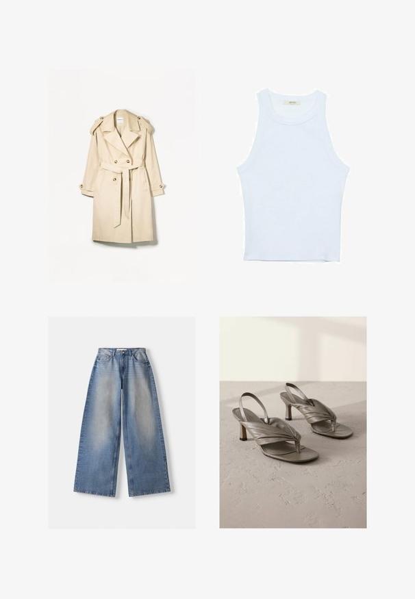 Trench coat beige realizzato in tessuto leggero; design doppiopetto con grandi bottoni, cintura in vita e spalline sulla spalla.; Canotta bianca, texture a coste, scollatura rotonda, design senza maniche, forma aderente, branding sottile sull'etichetta all'interno dell'area del colletto.; Jeans in denim blu a gamba larga con vita alta e dettagli sbiaditi, distesi su uno sfondo bianco.; Sandali azzurri in pelle con tacco alto a slingback, con fasce frontali intrecciate e punta quadrata, caratterizzati da un tacco medio e una superficie testurizzata.