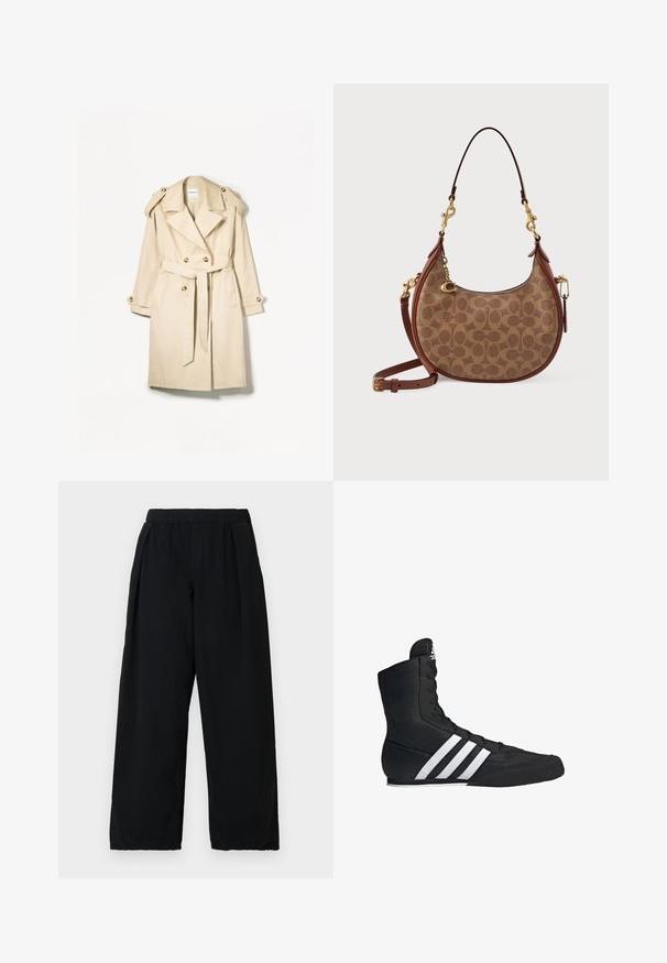 Béžový trenčkot vyrobený z lehké tkaniny; dvoudílný design s velkými knoflíky, páskovým pasem a ramenními vycpávkami.; Bílý top bez rukávů, žebrovaná textura, kulatý výstřih, obtáhnutý střih, decentní značka na štítku uvnitř oblasti límce.; BDG Urban Outfitters BOBBI PANT - Kalhoty - black; Černá vysoká sportovní bota s texturovaným textilním svrškem, který má tři bílé pruhy a šněrování v přední části. Na spodní straně plochá gumová podrážka.; Hnědá kožená kabelka s texturovaným povrchem a monogramovým vzorem. Má zakřivený tvar, zlaté kování a odnímatelný popruh.