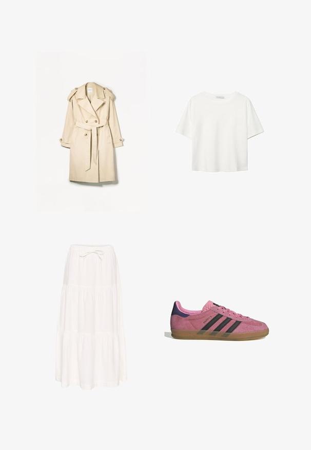 Beige trench coat valmistettu kevyestä kankaasta; kaksirivinen malli, jossa on isot napit, vyötäröhihna ja olkaimen suojukset.; Valkoinen lyhythihainen T-paita, joka on tehty puuvillasta. Siinä on pyöreä kaula-aukko ja rento malli. Silkkinen pinta ilman näkyviä kuvioita tai koristeita.; Valkoinen, kerroksellinen maksihame, valmistettu kevyestä kankaasta. Varustettu joustavalla vyötäröllä ja sidottavalla narulla. Sujuva pinta, yksinkertainen muotoilu.; Vaaleanpunaiset mokkanahkakengät mustilla raidoilla, kumipohjalla ja teksturoidulla purppurakorkealla. Varustettu nauhakiinnityksellä ja kohokuvioidulla brändäyksellä sivussa.