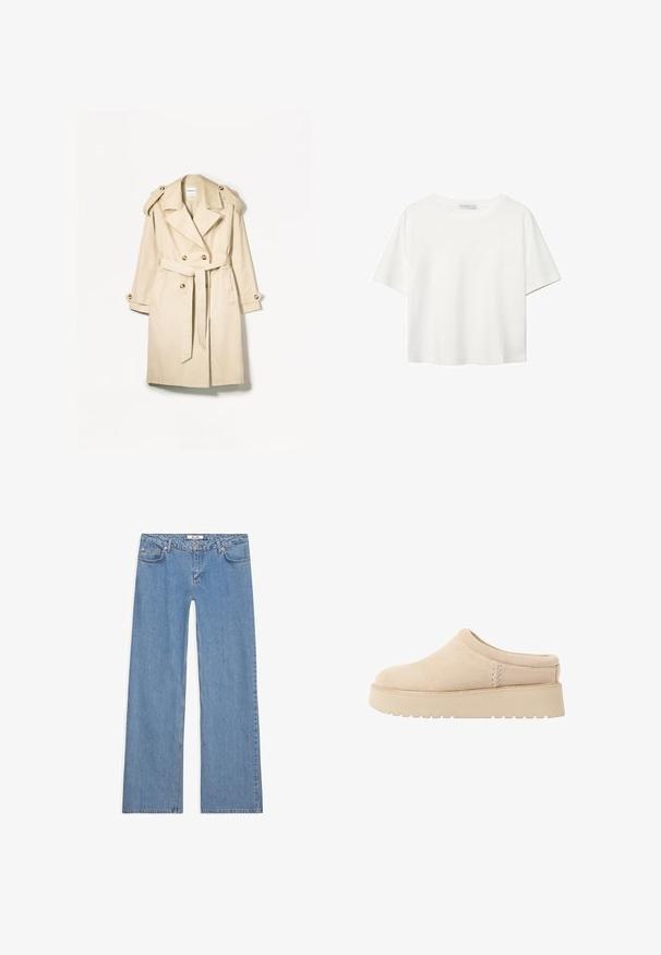 Beige trenchcoat i lättviktsmaterial; dubbelknäppt design med stora knappar, bälte i midjan och axelklaffar.; Vit t-shirt med kort ärm i bomull. Har en rundad halsringning och en avslappnad passform. Slät textur utan synliga mönster eller detaljer.; Ljust blåa vida jeans i denim, med femfickorsdesign, knappstängning och sömdekoration längs sömmarna och fållen.; Beiga mockasiner i mocka med rund tå och tjock, texturerad platta sula. Har minimal sömnad och en mjuk design.