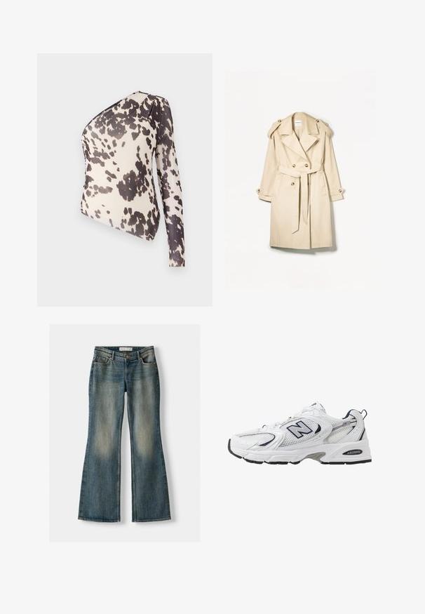 Beige trench coat valmistettu kevyestä kankaasta; kaksirivinen malli, jossa on isot napit, vyötäröhihna ja olkaimen suojukset.; Yksi olkaimellinen toppi kevyestä kankaasta, jossa on beige tausta mustilla epäsäännöllisillä pilkuilla, sileä pinta ja kapea leikkaus.; Siniset leveälahkeiset farkut, joissa on haalistunut pesu, viisi taskua ja nappikiinnitys. Materiaalissa on farkkukangas, jossa on hienovaraisia ompeluyksityiskohtia.; Valkoinen urheilushoe, jossa on verkkomateriaali päällä, laivastonsiniset yksityiskohdat ja pehmeä pohja. Varustettu "N"-logolla, nauhoilla ja teksturoidulla yksityiskohdalla sivussa.