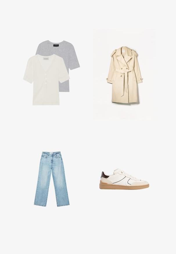 Béžový trenčkot vyrobený z ľahkého materiálu; dvojradový dizajn s veľkými gombíkmi, opasok v páse a ramenné epaulette.; Dvé tričká s krátkym rukávom a výstrihom do V, jedno svetlošedé s hladkou textúrou, druhé smetanové s detailom gombíkov a ryhovo štruktúrovanou tkaninou.; Svetlomodré džíny s širokými nohavicami a vysokým pásom, so zosvetlenou úpravou a malými, rozptýlenými poškodenými detailmi po celom obvode.; Stradivarius Tenisky - white