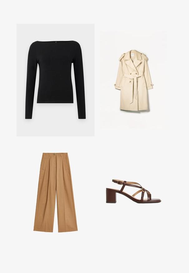 Beige Trenchcoat aus leichtem Stoff; doppelt geknöpftes Design mit großen Knöpfen, tailliertem Gürtel und Schulterklappen.; Schwarzes Langarmshirt mit einem schmalen Rundhalsausschnitt, hergestellt aus glattem Stoff. Einfaches Design ohne Muster oder Akzente.; Weite Hosen in einem hellen Beige, aus glattem Stoff, mit zwei Vordertaschen und einem zentralen Knopfverschluss.; Braune Leder-Plateausandalette mit eckiger Zehenpartie, mehreren überkreuzten Riemen und verstellbarem Knöchelriemen mit goldfarbener Schnalle.