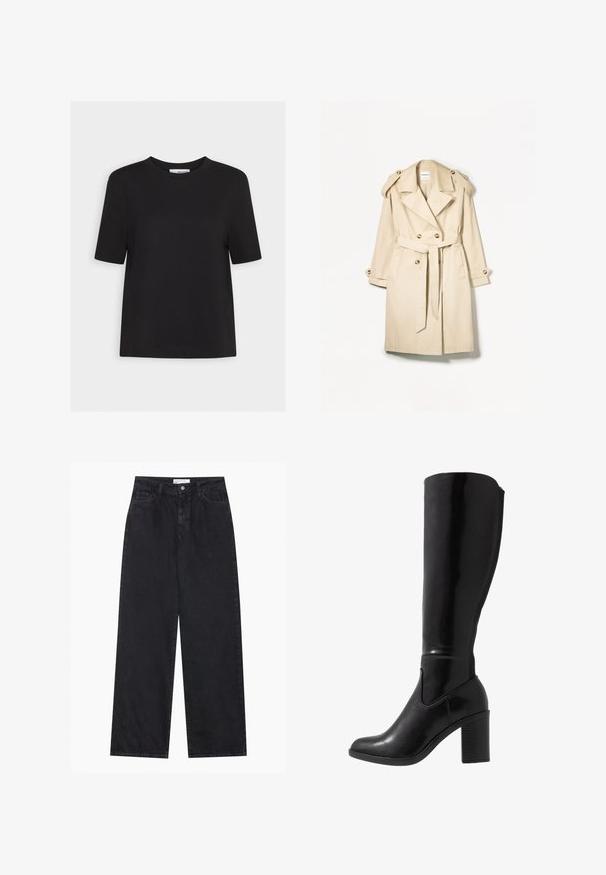 Beige trench coat made of lightweight fabric; double-breasted design with large buttons, belted waist, and shoulder epaulets.; Black cotton t-shirt with a crew neck, short sleeves, and a straight hem. Simple design, no visible patterns or accents.; Black high-waist wide-leg denim jeans with front button and zip closure, belt loops, and five-pocket styling.; Knee-high black glossy heeled boots with a rounded toe, smooth texture, side cutout detail, and a chunky stacked heel.
