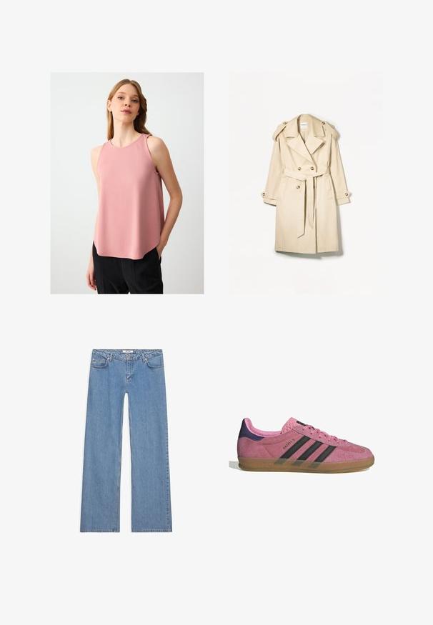 Beżowy płaszcz typu trencz wykonany z lekkiego materiału; podwójnie zapięty fason z dużymi guzikami, talią z paskiem i epoletami na ramionach.; Różowy top bez rękawów z okrągłym dekoltem, miękka tekstura i lekko zaokrąglony dół, noszony z czarnymi spodniami.; Jasnoniebieskie dżinsy o szerokich nogawkach, wykonane z denimu, z pięciokomorowym fasonem, zapięciem na guzik oraz przeszyciami wzdłuż szwów i brzegów.; Różowe zamszowe sneakersy z czarnymi paskami, gumową podeszwą i teksturowanym fioletowym piętą. Posiadają sznurowany design oraz wytłoczone logo na boku.