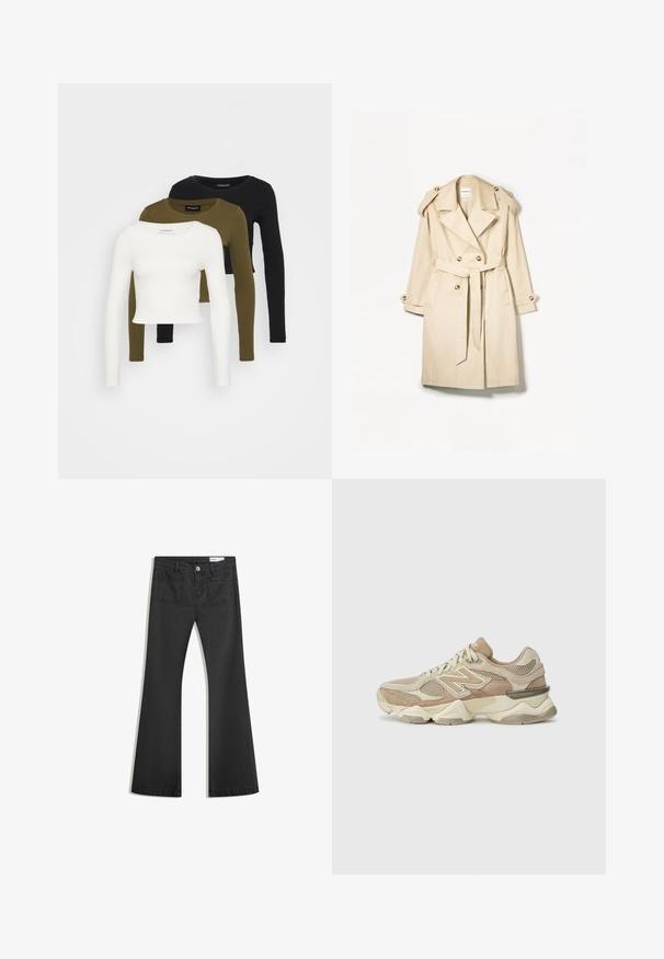 Beige Trenchcoat aus leichtem Stoff; doppelt geknöpftes Design mit großen Knöpfen, tailliertem Gürtel und Schulterklappen.; Even&Odd Petite 3 PACK - Langarmshirt - black/dark olive/blanc de blanc; Schwarze Schlagjeans aus Denim mit glatter Textur, ausgestattet mit zwei Gesäßtaschen und einem Knopfverschluss an der Taille.; Beige Sport sneakers aus Mesh- und Wildledermaterialien, runde Zehenpartie, dicke Sohle und auffällige reflektierende Akzente an der Seite.