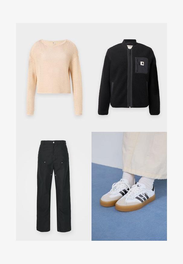 Black fleece bomber jacket with a zip front, ribbed cuffs, and a chest pocket. Features textured fabric and solid color design.; Light beige cropped sweater with a knitted mesh pattern, long sleeves, round neckline, and ribbed hem. Soft, textured fabric.; Black trousers with a straight-leg design, made of a textured fabric. Features decorative silver hardware and unique seam detailing.; White sneakers with black stripes and beige suede accents. Feature a textured gum sole and flat white laces, worn with light-colored socks.