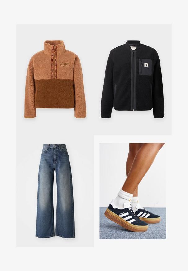 Zwarte fleece bomberjack met een rits aan de voorkant, geribbelde manchetten en een borstzak. Kenmerkt zich door de textuur van de stof en het effen kleurontwerp.; Bruine fleece trui met een hoge kraag, voorzien van een ritssluiting en een meerkleurige, met patroon versierde rand. Geborduurd logo op de borst.; Blauwe high-waisted wide-leg jeans met een sluiting aan de voorkant en zakken, vervaagde textuur op de bovenbenen en een rechte zoom.; Zwarte suède sneakers met witte strepen en accenten, ronde neus, gum rubberen buitenzool, gecombineerd met witte geribbelde crewkousen.