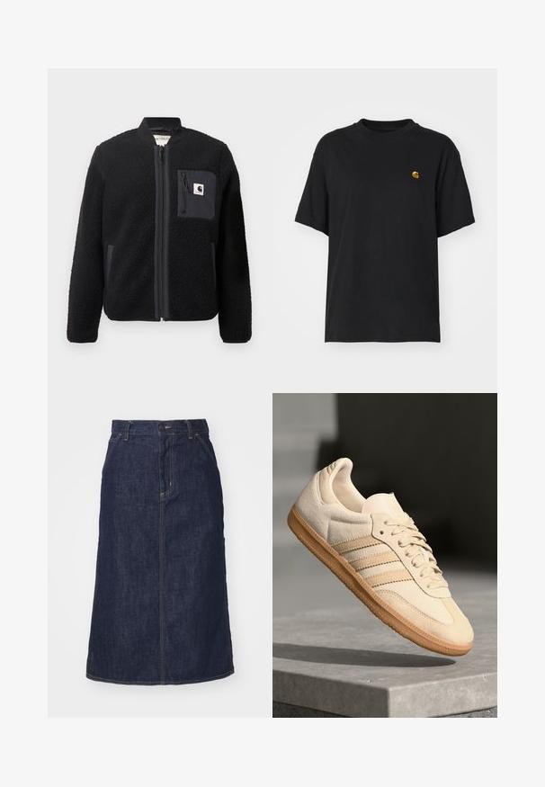 Sort fleeced bomberjakke med lynlås foran, ribbede manchetter og en brystlomme. Har struktureret stof og ensfarvet design.; Sort bomulds T-shirt med en afslappet pasform. Har en rund halsudskæring og korte ærmer. Inkluderer et lille guld broderet logo på brystet.; Mørk denimnederdel med høj talje, lige skæring, forlommer og stikninger. Har lynlås og knaplukning i taljen.; Lys beige ruskinds sneakers med gummisål, tre diagonale striber og en tekstureret tætsko. Har logo på tungen og siden.