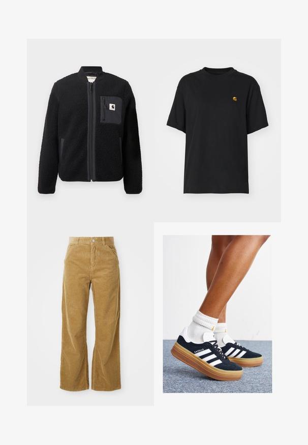 Giacca bomber nera in pile con zip frontale, polsini a coste e taschino sul petto. Presenta un tessuto testurizzato e un design di colore solido.; T-shirt in cotone nero con una vestibilità rilassata. Presenta un collo rotondo e maniche corte. Include un piccolo logo ricamato in oro sul petto.; Pantaloni a gamba larga in corduroy color marrone chiaro, con un motivo a coste testurizzato, cinque tasche e una chiusura a bottone in vita.; Sneakers in pelle scamosciata nera con strisce e dettagli bianchi, punta arrotondata, suola in gomma color gomme, abbinate a calzini bianchi a coste alla caviglia.