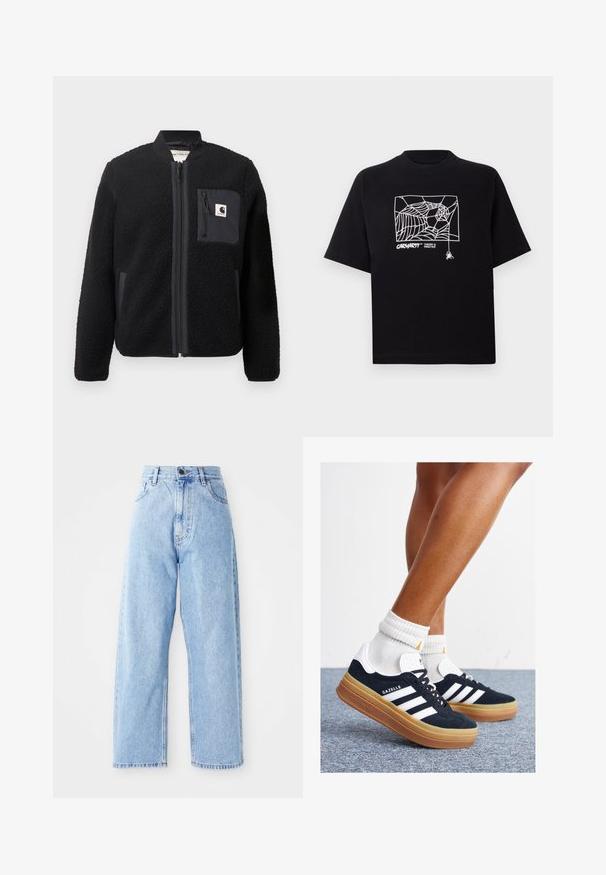 Must schwarze fleece-bomber-jakk, millel, lukkumine, soonikkoesed ja rindade tasku. Omab tekstuuriga kangast ja ühtlase värvi disaini.; Mustmust särgis, millel on lühikesed varrukad. Esipaneelil on valge ämblikuvõrgu graafika ja logo. Lihtne ümmargune kaelus.; Kõrge vöökoht, helesinised teksased sirgete laiade jalgadega, ees nupuvajutus, lukuga sulgemine ning ees ja taga taskud.; Mustad seemisnahast tossud valgete triipude ja detailidega, ümarate varbassosadega, kummist välistallaga, paaritatud valgete soonikuliste meessokkidega.