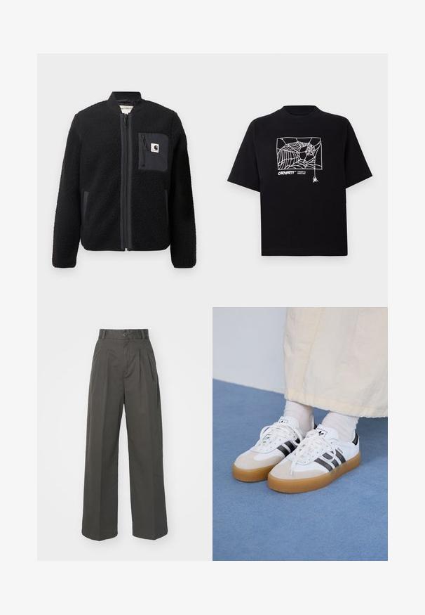 Črn flisasti bomber jakna z zadrgo spredaj, rebrastimi manšetami in žepom na prsih. Ponuja teksturirano tkanino in enobarven dizajn.; Črn T-majica iz bombaža s kratkimi rokavi. Na sprednji strani ima belo grafiko pajkove mreže in logo. Preprost okrogli izrez.; Visoko pasovi, hlače v ogljeno sivi barvi, narejene iz bombaža. Imajo črte, enojno zapiranje na gumb in široke, ravne noge. Gladka tekstura.; Bele tene škornje s črnimi črtami in bež usnjenimi detajli. Imajo teksturirano gumijasto podplat in ravne bele vezalke, nosijo se z svetlimi nogavicami.