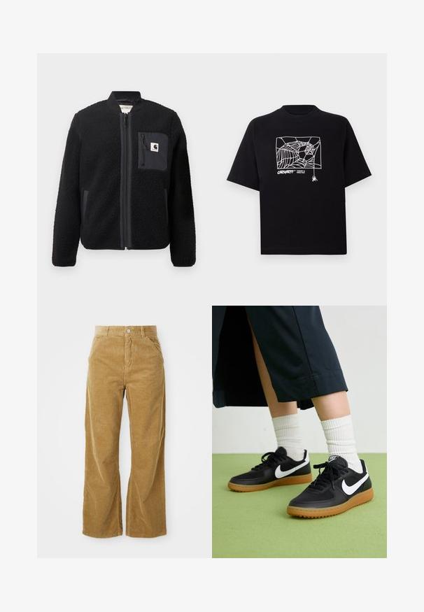 Črn flisasti bomber jakna z zadrgo spredaj, rebrastimi manšetami in žepom na prsih. Ponuja teksturirano tkanino in enobarven dizajn.; Črn T-majica iz bombaža s kratkimi rokavi. Na sprednji strani ima belo grafiko pajkove mreže in logo. Preprost okrogli izrez.; Ženske široke hlače iz kordorja v svetlo rjavi barvi, z rebrastim vzorcem, petimi žepi in gumbom za zapiranje v pasu.; Črne usnjene in sintetične superge z belim Nike swooshom, gumo na podplatu, okroglo konico ter črnimi vezalkami. Vidne so rebraste bele nogavice.