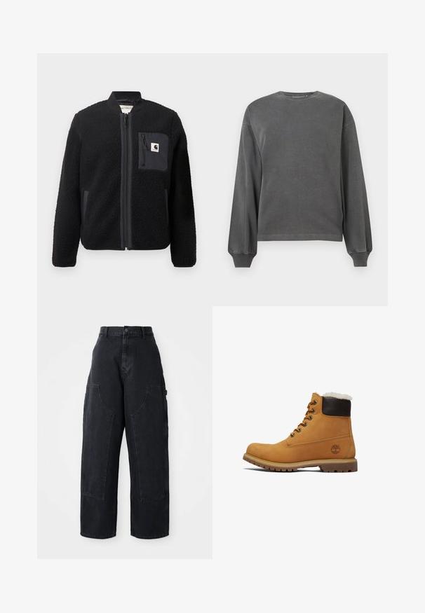 Czarna polarowa kurtka bomberka z zamkiem z przodu, ściągaczami przy mankietach oraz kieszenią na piersi. Posiada strukturalny materiał i jednolity kolor.; Szary długi rękaw sweter z okrągłym dekoltem, wykonany z miękkiej tkaniny. Posiada ściągacze na rękawach i luźny krój. Minimalistyczny design, brak wzorów.; Czarne dżinsowe spodnie cargo o szerokiej nogawce z wysokim stanem, dwoma dużymi kieszeniami z przodu oraz zapięciem na guzik w pasie. Gładka tekstura, casualowy design.; Brązowe skórzane botki za kostkę z wyściółką w kolorze brązowym, metalowymi oczkami i teksturowaną, wytrzymałą podeszwą. Posiadają logo w okolicy pięty.