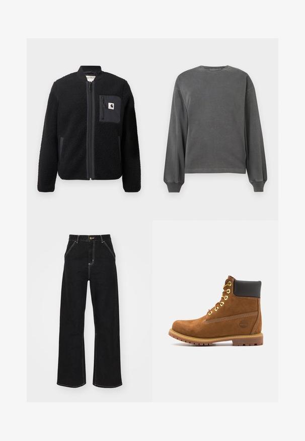 Melnā vilnas bombers jakas ar rāvējslēdzēja priekšpusi, ribinātām aprocēm un krūšu kabatu. Iezīmēts ar teksturētu audumu un viendabīgu krāsu dizainu.; Pelēks garām piedurknēm sporta krekls ar apaļu kakla izgriezumu, izgatavots no mīksta auduma. Iespējamas ribotās piedurknes un brīvs piegriezums. Minimālistiskais dizains, bez motīviem.; Melnas platajās biksēs, kas izgatavotas no denima, ar kontrastējošas baltas šuves un priekšējo pogu aizdari, kā arī divām slīpajām priekšējām kabatām.; Brūna zamšādas potītes zābaks ar melnu mīksto apkaklīti, zelta acīm, auklu priekšpusi un gumijas zoli ar teksturētu rakstu.